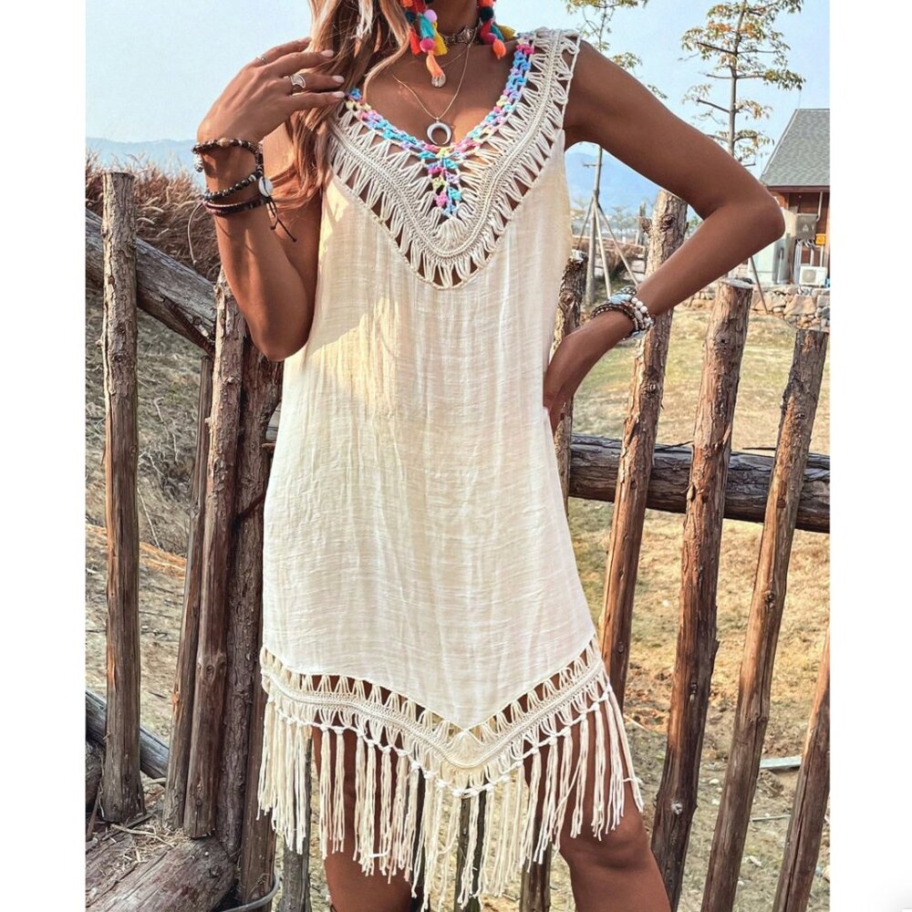 Boho Fringe Backless Swim Cover Up Resort Beach Crochet Style - Picture 7 of 7